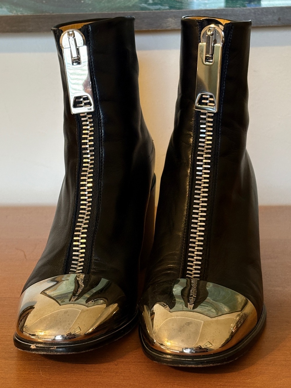 Proenza Schouler Black Leather Ankle Boots with Silver Metal Toe Caps - Size 8.5